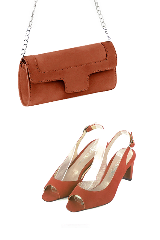 Dress clutch for wedding and parties in terracotta orange leather - Worn view